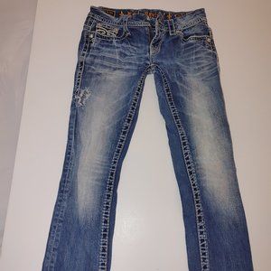 ROCK REVIVAL Woman's Distressed Embroidered Rhinestones Jeans Size 28 Used